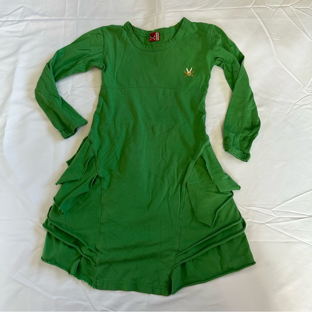 No Added Sugar Girls Green Ruffle Back Long Sleeve Dress Size 5-6 Years Cotton